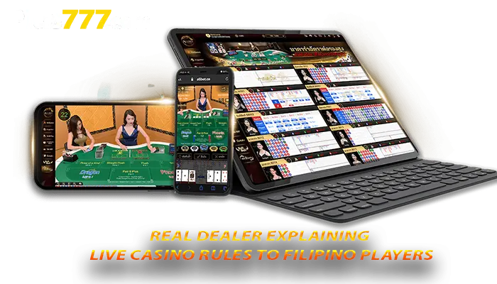 Real dealer explaining live casino game rules to players