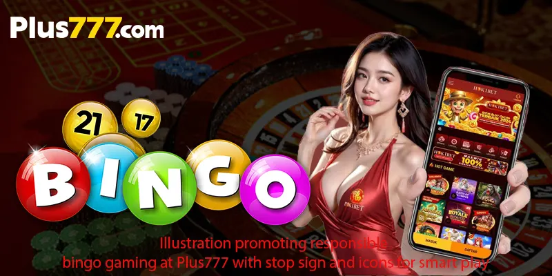 Illustration promoting responsible bingo gaming at Plus777 with stop sign and icons for smart play